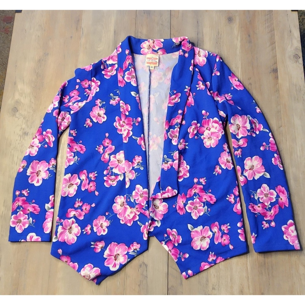 Kiki La'Rue Blue With Pink Flowers Blazer Jacket Womens M